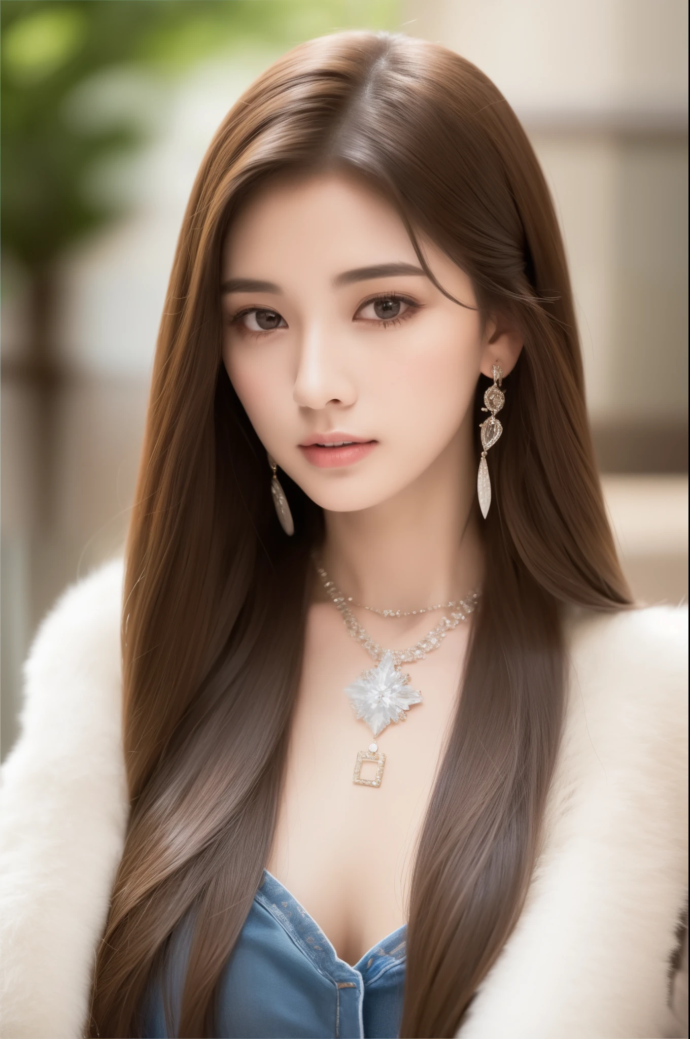 ((1girl in:1.3)),Light brown fringed hair、Disheveled hair、Light brown eyes、(Dignified Expression)、((Fashion magazine clothing))、(Busty:1.4)、Emphasize the valley、(Photorealsitic)、(intricately details:1.2)、(tmasterpiece、:1.3)、(top-quality:1.4)、(超A high resolution:1.2)、超A high resolution、(A detailed eye)、(Detailed facial features)、((Silver necklace))、Pose as a fashion model