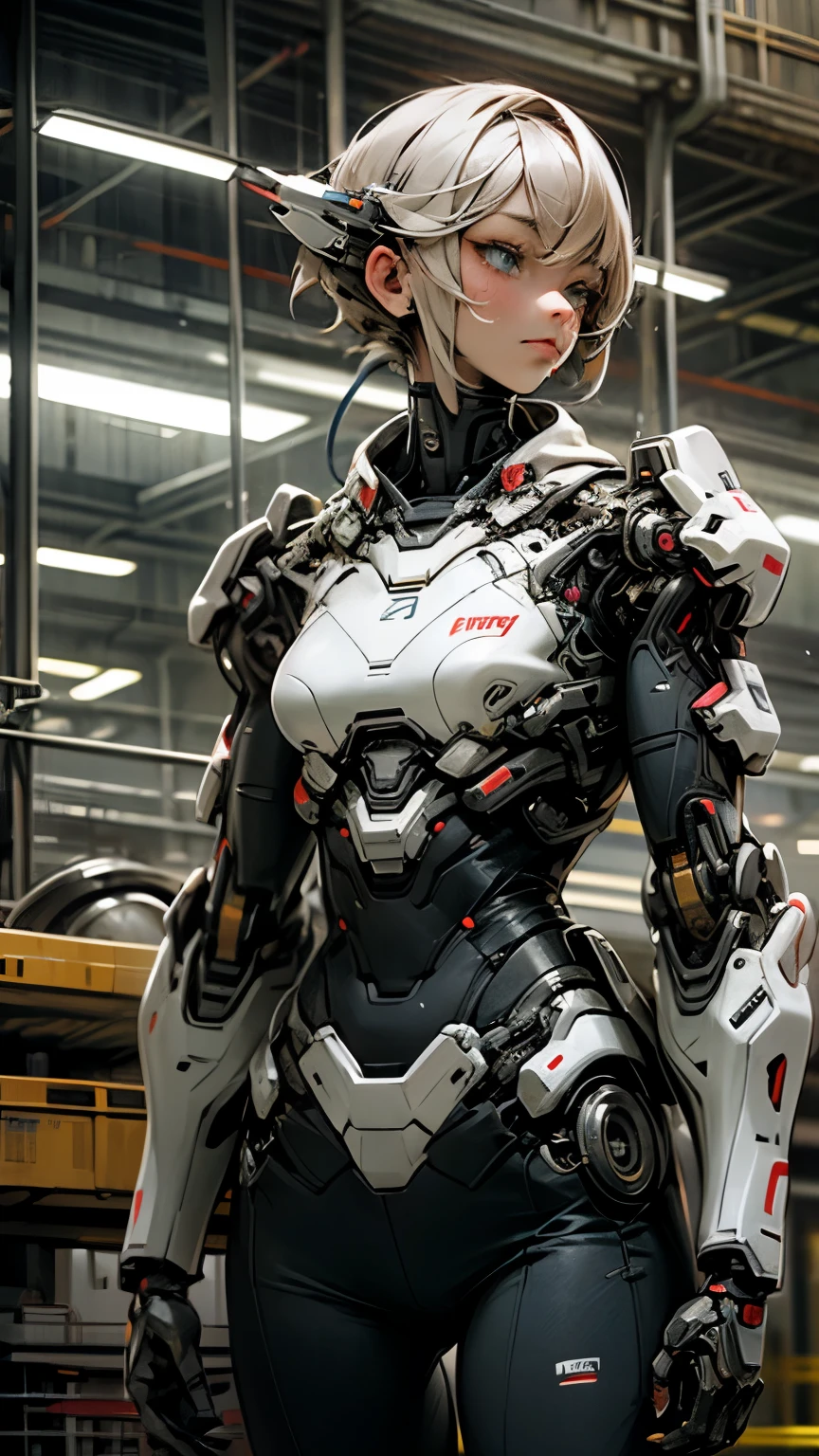 Female service bionic man being assembled in the future factory