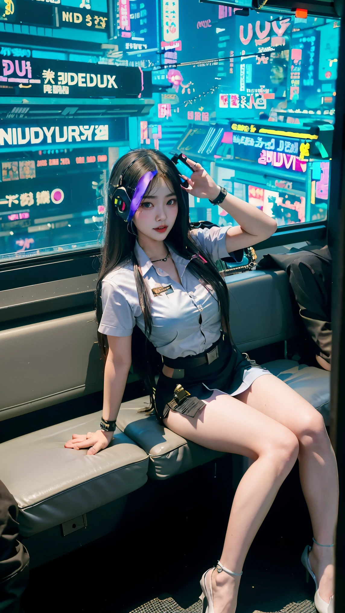 A beautiful young woman of Thai-Vietnamese descent. Very beautiful. Beautiful curvy figure. ((Wearing a cyberpunk student uniform: 1.5)) Romantic. Long black lace stockings. Belt. ((Sitting on a sky train in the city at night)) Moonlight shines through the window to her at night. Transparent, transparent. Cyberpunk atmosphere. Sexy, cute. ((Almost full body portrait)) Taken with world-class lighting and cameraman. The most detailed. The best focus.