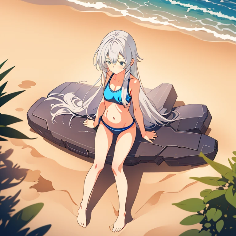 Rim light,((Best Quality)),masterpiece,1girl,Alone,(Trails of Cold Steel III),altina,Silver Hair,Long Hair,diminutive,Skinny,small breasts,tankini,from above,full body,sweatdrop,own hugging feet,Anime Style,No muscle,Sandy Beach