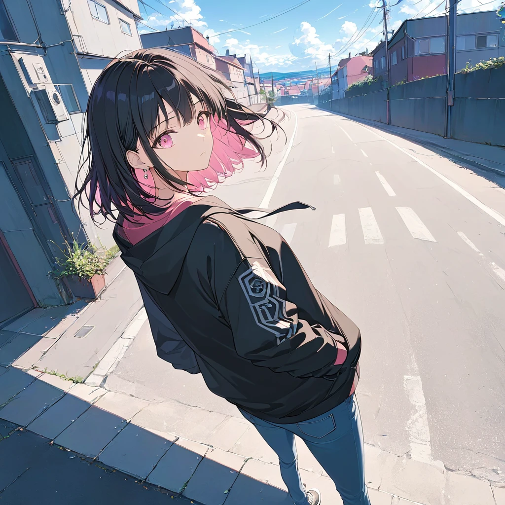 Anime Style,Woman looking back,Show your back,Black Hair,Medium Hair,Blowing in the Wind,Pink Eyes, Put on a black hoodie,Wear jeans,Put your hands in your pockets,Straight face,Calm,A scene from a movie that emphasizes women,Long single road,Light shines in,High Angle Masterpiece,Best Quality,Exquisite,8k,Absurd,Ultra-detailed illustrations,(Watch the audience)