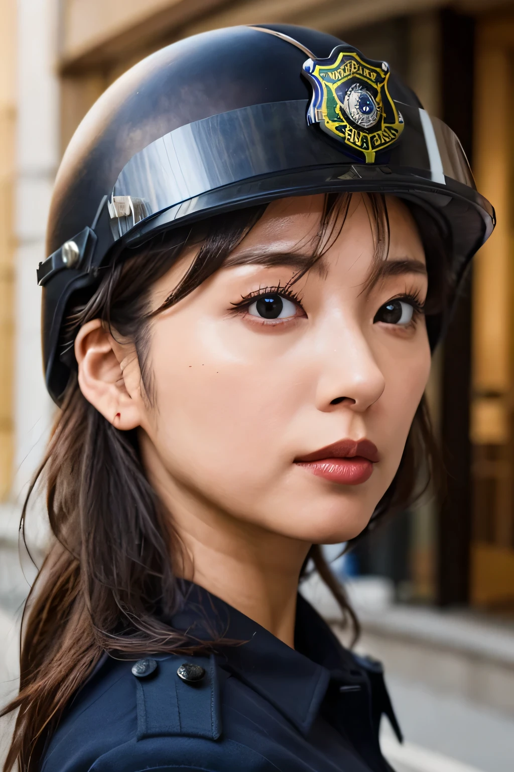 Beautiful Japanese actresses,Flying debris,Award-winning photo, Very detailed,, Sweaty skin、Lighting that highlights shiny sweat{{{Please spread the word }}}, Black Hair、((Female police officer wearing a helmet,Police Uniform,))