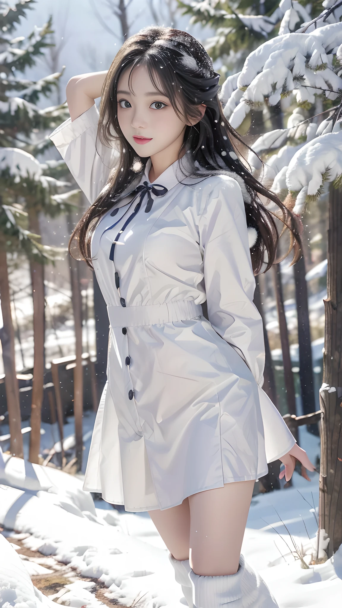 21 year old girl、Long twin tail hair、Bear Ear Headband。(Random Nudes)，Exhibitionism，((Random exposure of genitals))。　Beautiful areola。Fine hair。In the vast snowy mountains、Detailed and complex background。Black Hair。round face. White apron