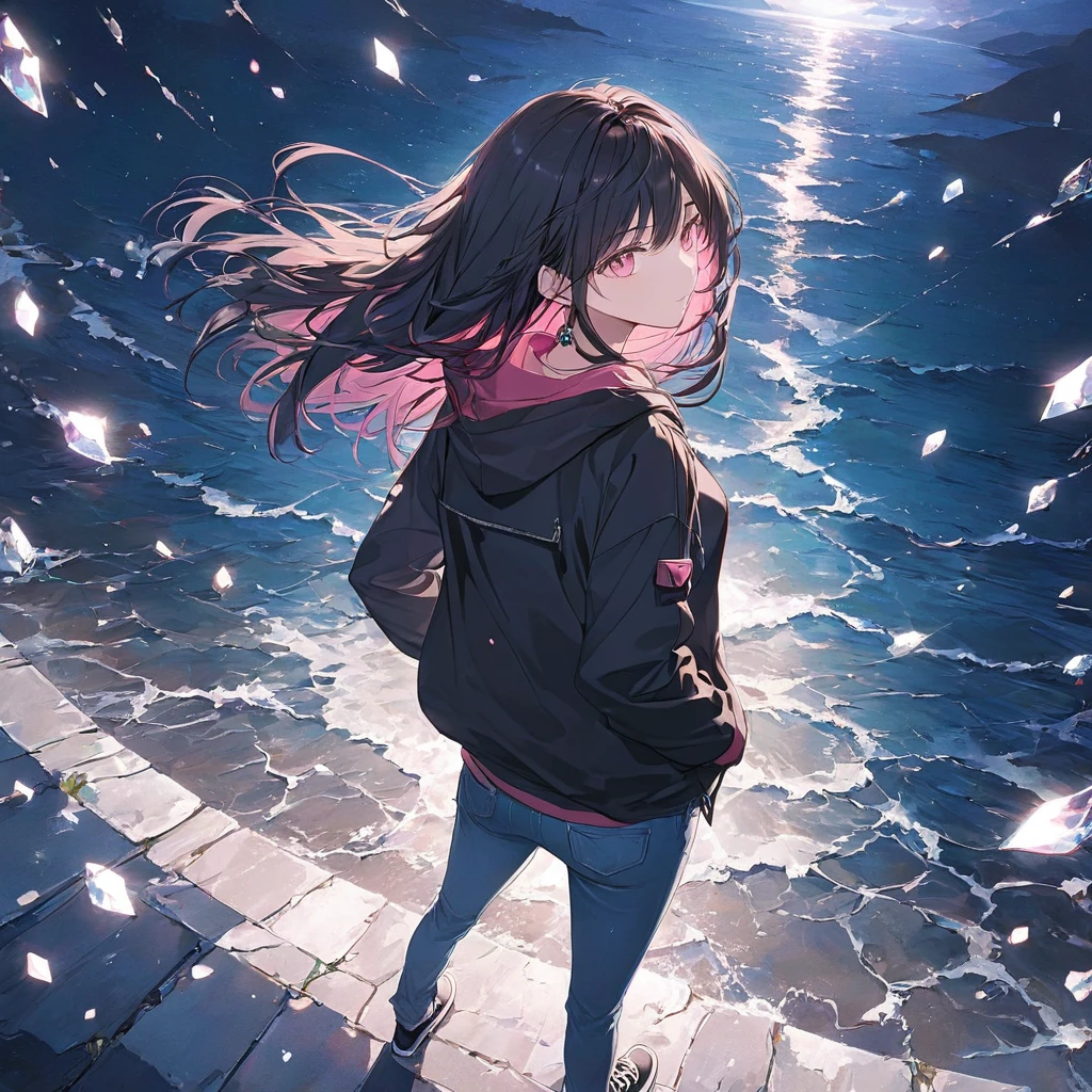 Anime Style,Woman looking back,Show your back,Black Hair,Medium Long Hair,Blowing in the Wind,Pink Eyes,Shining,Wear a black hoodie like a jewel,Wear jeans,Put your hands in your pockets,Straight face,Calm,A scene from a movie that emphasizes women,Long single road,Very dark,Light shines at the end of the road,High Angle Masterpiece,Best Quality,Exquisite,8k,Absurd,Ultra-detailed illustrations,(Watch the audience)