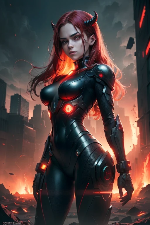 In the heart of a cutting-edge, technologically advanced battlefield, a powerful African girl warrior with slanted eyes assumes a commanding stance. Her sleek futuristic black and red armor, meticulously crafted with intricate designs, radiant shine and red lights, hugs her toned body. The suit's polished surface beautifully reflects the vibrant, pulsating lights of her high-tech environment. With her red cyberpunk curly hair cascading down her back, framing her strong, chiseled features, she exudes an undeniable aura of determination and strength. Her determined expression, intensified by her fierce gaze, reveals her unwavering resolve to protect and defend against any potential threat in this advanced, intricately detailed. She is beautiful, has a cute face. Her skin is very sun-kissed, very tanned.