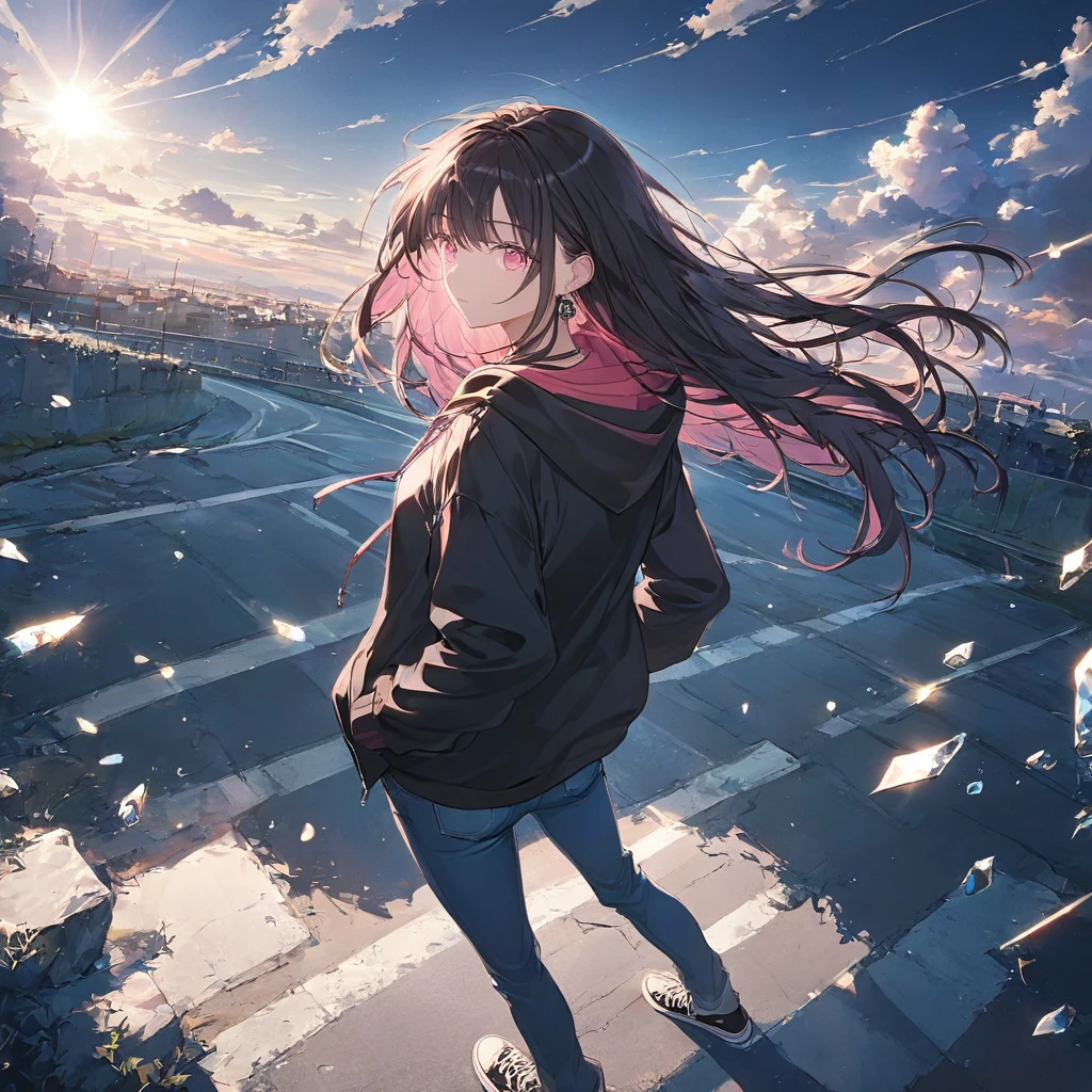 Anime Style,Woman looking back,Show your back,Black Hair,Medium Long Hair,Blowing in the Wind,Pink Eyes,Shining,Wear a black hoodie like a jewel,Wear jeans,Put your hands in your pockets,Straight face,Calm,A scene from a movie that emphasizes women,Long single road,Very dark,Light shines at the end of the road,High Angle Masterpiece,Best Quality,Exquisite,8k,Absurd,Ultra-detailed illustrations,(Watch the audience)