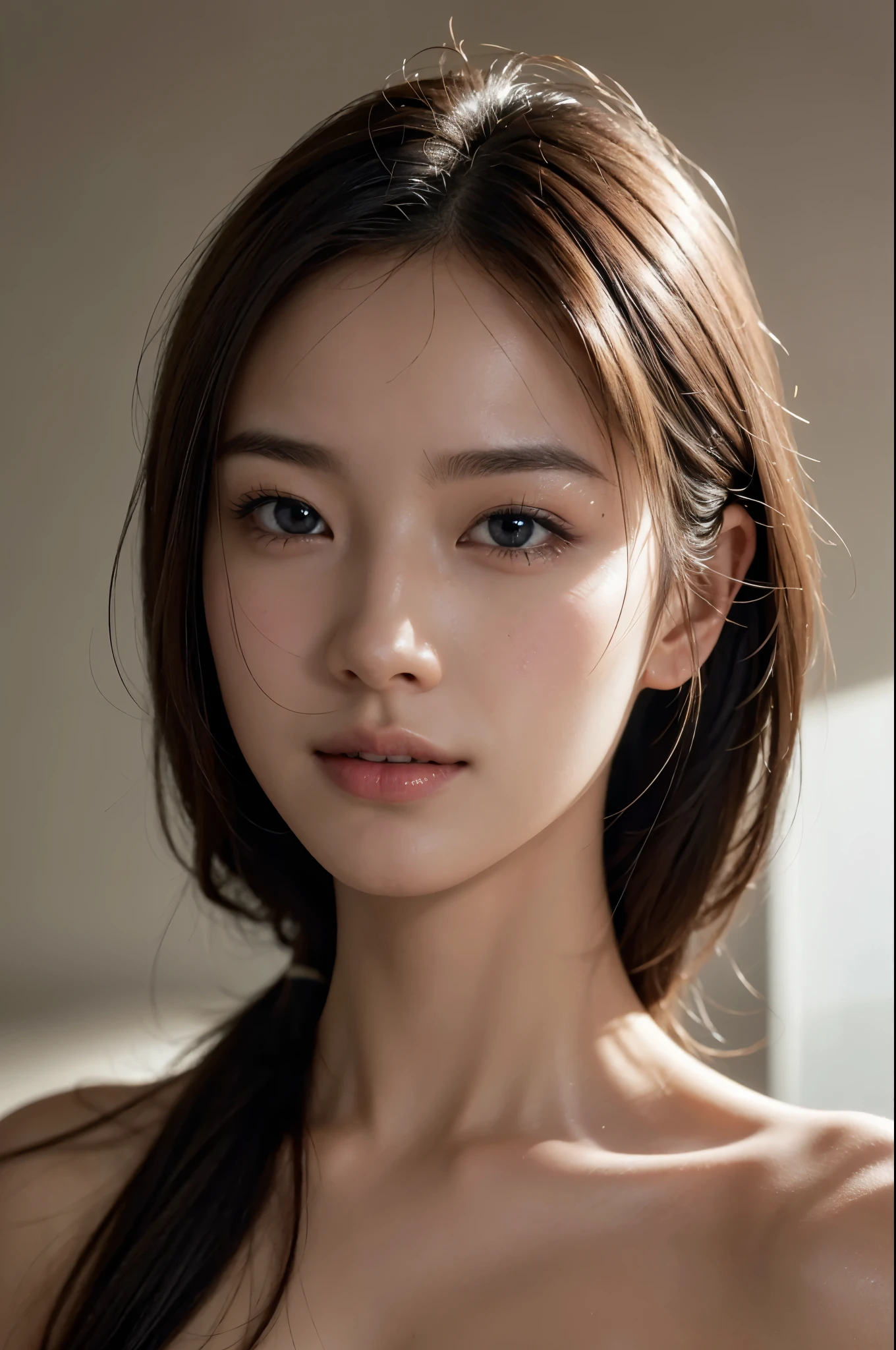 (Increase the beauty of skin texture:1.1), (Enhances the beauty of skin texture:1.1), highest quality、masterpiece, ultra high resolution、(Photoreal:1.4)、RAW photo、1 girl、shiny skin, dramatic lighting, RAW photo, table top:1.3, ultra high resolution:1.0, sharp focus:1.2, beautiful woman with perfect figure:1.4, thin abs:1.2, Highly detailed face and skin texture, fine eyes, double eyelid, perfect facial balance, Clean system, smile, Soft light in a beautiful studio, rim light, vivid details, surreal, Fine and beautiful skin, realistic skin, beautiful face, Beautiful woman, high solution face, soft texture, nude, close up of face, radiant skin, face of glory, crazy high resolution, glowing skin, shining face, luster, oily skin, oily face, close up of face, zoom on face, oily skin, oily face, 強いluster, beautiful hair, Kitagawa Keiko、Kuroki Meisa, Whitening skin, porcelain skin, smooth skin