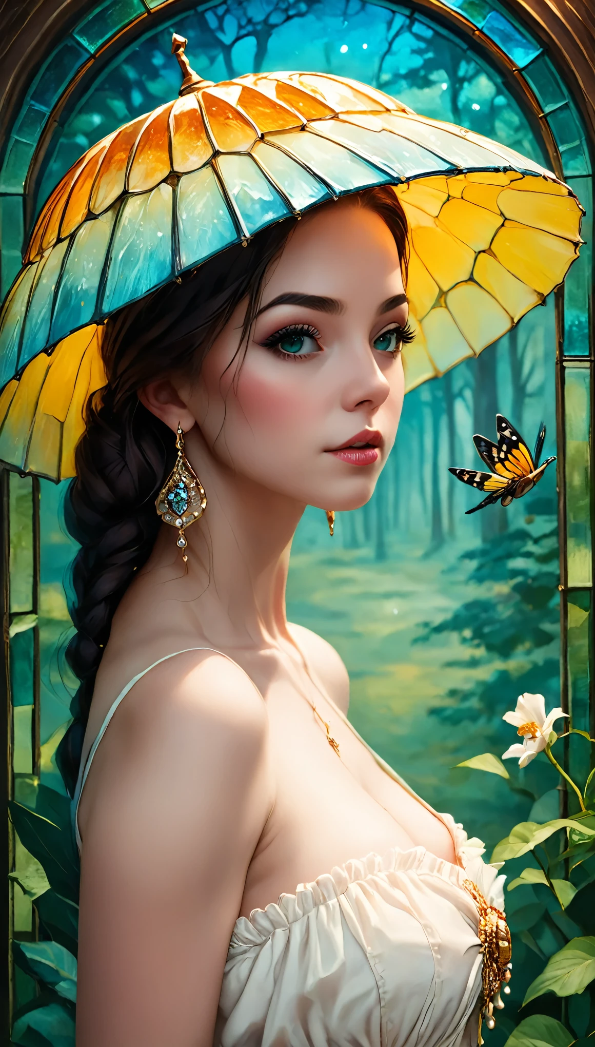 "Girl with a Pearl Earring", fantasy realism, double exposure, two parts in one art, full copy, masterpiece reproduction, pale skin, yellow and blue and orange and white color palette, complex colors, Craola, Dan Mumford, Andy Kehoe, patchwork, stained glass, night, forest, fireflies, detailed sky, cotton clouds, 2d, flat, cute, adorable, vintage, art on a cracked paper, . storybook detailed illustration, cinematic, ultra highly detailed, tiny details, beautiful details, mystical, luminism, vibrant colors