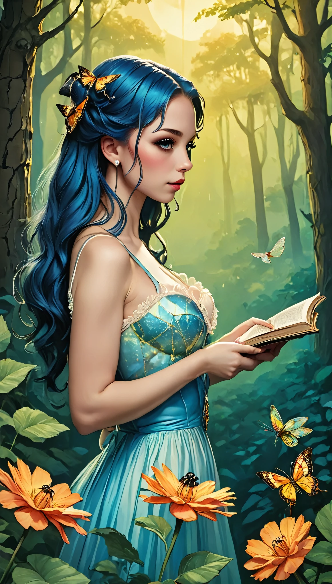 "Girl with a Pearl Earring", fantasy realism, double exposure, two parts in one art, full copy, masterpiece reproduction, pale skin, yellow and blue and orange and white color palette, complex colors, Craola, Dan Mumford, Andy Kehoe, patchwork, stained glass, night, forest, fireflies, detailed sky, cotton clouds, 2d, flat, cute, adorable, vintage, art on a cracked paper, . storybook detailed illustration, cinematic, ultra highly detailed, tiny details, beautiful details, mystical, luminism, vibrant colors