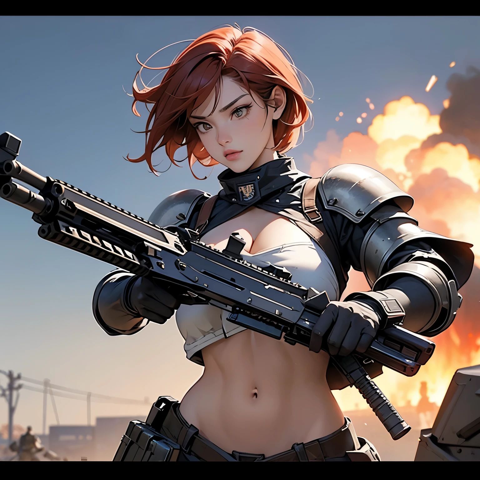nsfw, anime screencap, 16K, perfect anatomy proportion body, perfect hands, action, A dynamic composition with a sense of speed and movement, (Hold an assault rifle:1.6), a wife, 40age, perfect beautiful delicate sexy face, perfect beautiful delicate slanted eyes, red hair, swept bangs pixie cut, medium breasts, abs, Elaborate heavy-armored chainmail steam-powered suit, Many robot soldiers having a gunfight in the background, Flying bullets, Urban battlefields, war, Post-apocalyptic,
