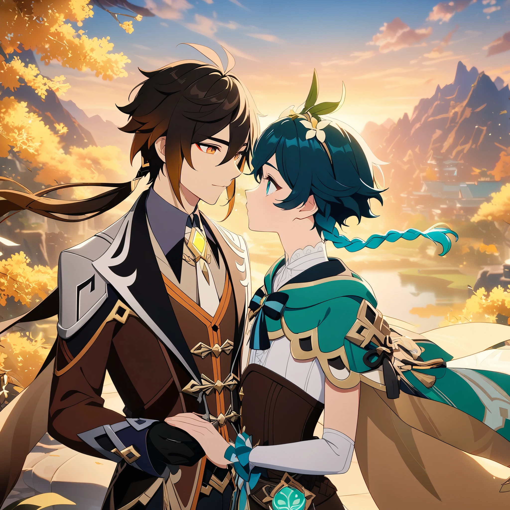 (best quality,4k,8k,highres,masterpiece:1.2),2boys,couple,zhongli_/(genshin_impact/) embracing venti_/(genshin_impact),male focus,intricately detailed,by carnelian, cel shading, fantasy china background, liyue, mountains,osmanthus flowers,male focus,romantic pair,volumetric lighting, sunset, golden illumination, wise and kind god,cinematic lighting, ray tracing, UHD, high details, high quality, award winning, super detail,vivid fantasy painting,hd color,size_difference,flat chest 