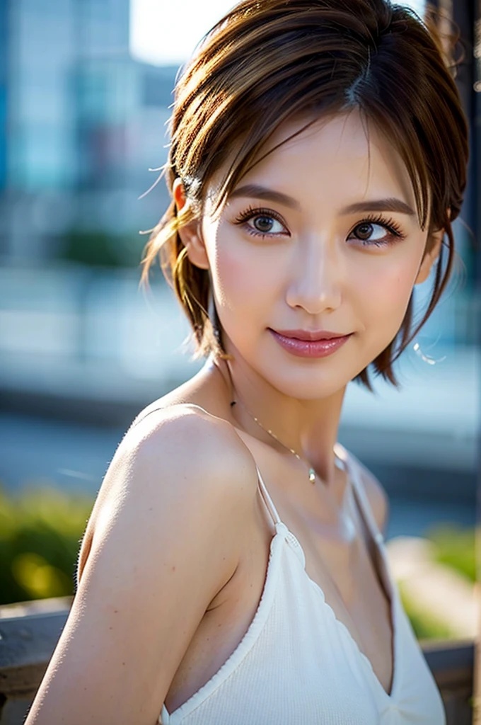 (Realistic, photo-Realistic:1.37),(8k, RAW Photos, Highest quality, masterpiece:1.2), cute, Super detailed,Heart-shaped pupils,Physically Based Rendering, Ultra-high resolution, Kodak Vision Color, Filmed with an Aricam LT camera, Bokeh, Sharp focus,Poses with the whole body、Looking at the viewers, just barely able to see her underwear,photoRealistic,Realistic, alone, photoRealistic, Highest quality,Highly detailed face,Highly detailed eyes and face, Beautiful attention to detail,Absurd, incredibly Absurd,An unforgettable smile,Messy Hair, Floating Hair, ,