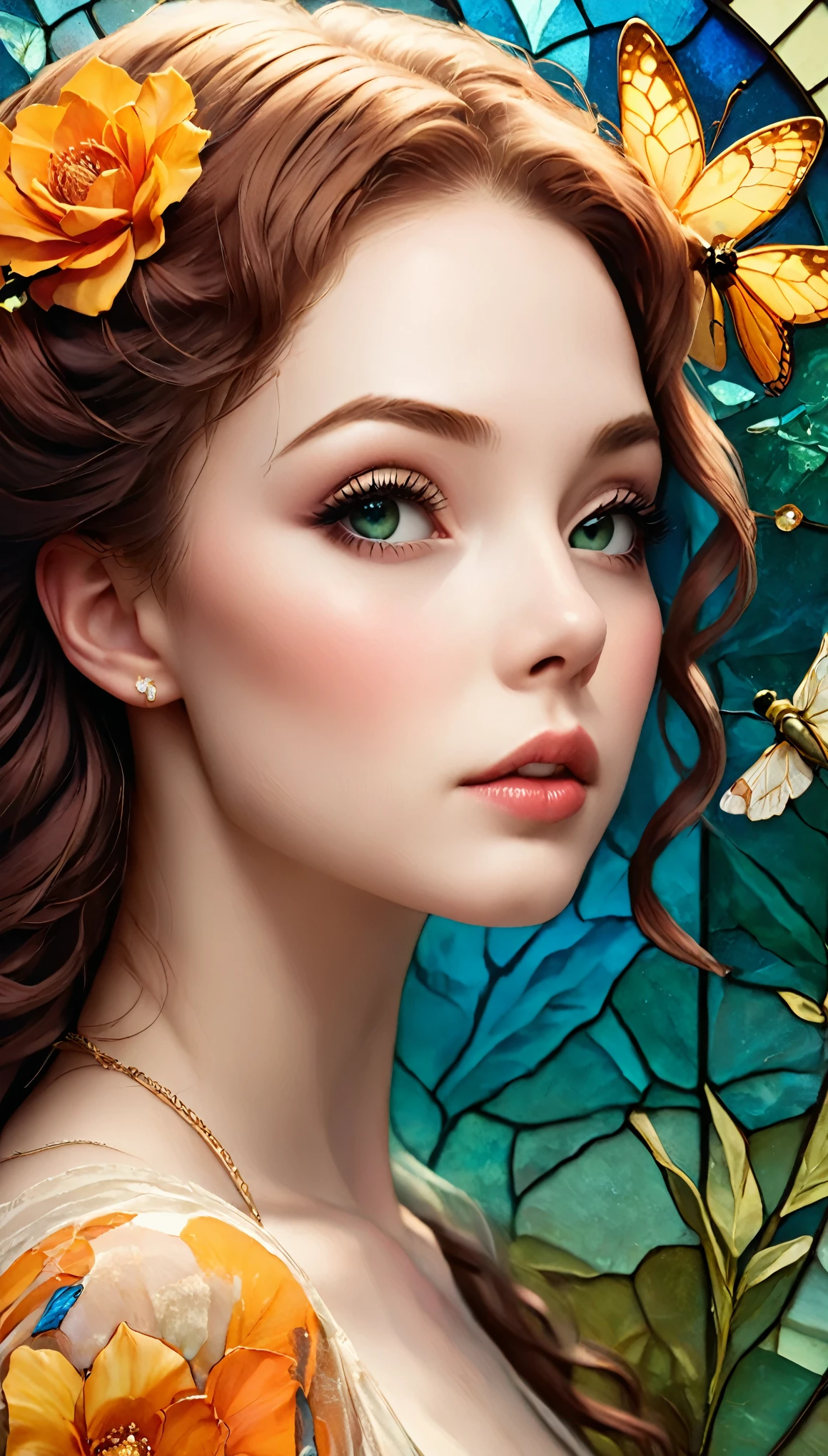 "Girl with a Pearl Earring", fantasy realism, double exposure, two parts in one art, full copy, masterpiece reproduction, pale skin, yellow and blue and orange and white color palette, complex colors, Craola, Dan Mumford, Andy Kehoe, patchwork, stained glass, night, forest, fireflies, detailed sky, cotton clouds, 2d, flat, cute, adorable, vintage, art on a cracked paper, . storybook detailed illustration, cinematic, ultra highly detailed, tiny details, beautiful details, mystical, luminism, vibrant colors