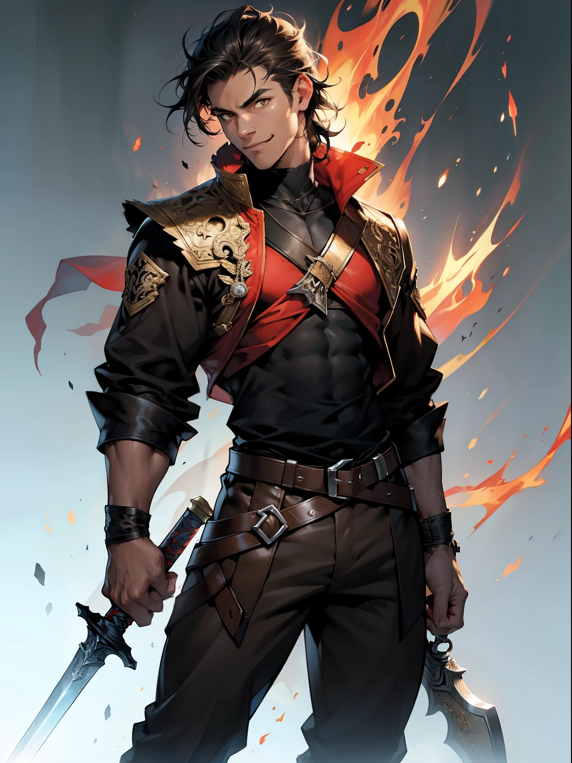 A young man with flowing black hair, a tuft of golden hair that partially covers one eye, a handsome and resolute face, a trace of loneliness in his firm gaze, a two-piece outfit that combines fantasy and martial arts elements, consisting of a tight-fitting shirt and a jacket, the outfit features twisted flame patterns, with white as the main color and red and blue as secondary colors, wears gloves that also serve as wrist guards, dark pants, boots embellished with metal decorations, this character embodies a finely crafted fantasy-style Chinese martial hero design in anime, characterized by a sophisticated and mature manga art style, high definition, best quality, highres, ultra-detailed, ultra-fine painting, extremely delicate, professional, anatomically correct, symmetrical face, extremely detailed eyes and face, high quality eyes, creativity, RAW photo, UHD, 8k, Natural light, cinematic lighting, masterpiece:1.5