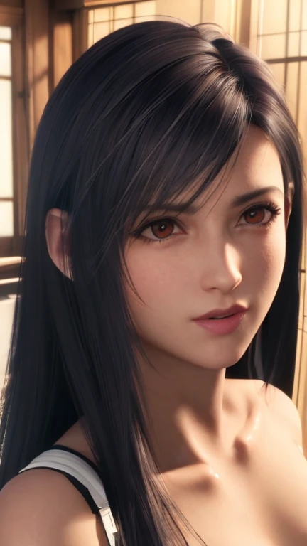 close up,(masterpiece:1.2, best quality, highres, ), (realistic, photorealistic:1.2), 1girl, european bedroom, night, natureal light reflection, soft light on the face, unreal-engine, depth of field,
tifa, final fantasy 7 remake, 
Green summer dress, off-shoulder dress, 
shade of brown hair, a lot of sweat, masterpiece, ultra realistic 8k cg, very long hair,  reddish brown eyes, left only earpiece, stick earpiece, 
shiny skin, beautiful face, pure face, seductive pose, sexy pose, blush, alluring, clean, beautiful face, pure face, pale skin, long hair, (medium breasts, beautiful breasts), shiny skin, skindentation, 