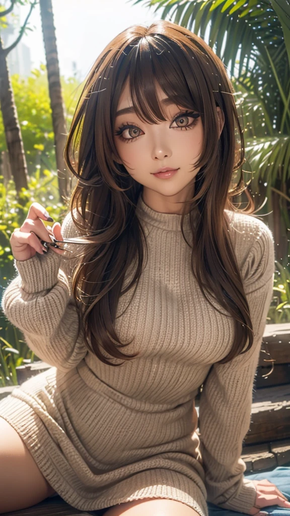 Very detailed, Beautiful and high quality, Professionally taken photos, Like a poster, Detailed 美しいround eyes, Beautiful detailed face, Full Body Ezbian, Medium Long Hair, Casual Hairstyles, (Random color hair, Golden mesh), Big Eyes, Random color eyes, Long eyelashes, Thick mascara, Dark Eyeliner, (Recession on the brink of collapse:1.15), Wide range of options, Thick waist), (Wide Hips:1.15, Toned thighs, Body Curves), (Leg length:1.25), 40 years old, woman, ((Tight mid-length dress, White knitwear, Brown color knit)), Perfect Face, Perfect body, Sexy pose, (A shy smile), Random Location, Beach, forest, (Alone), The light on my face,