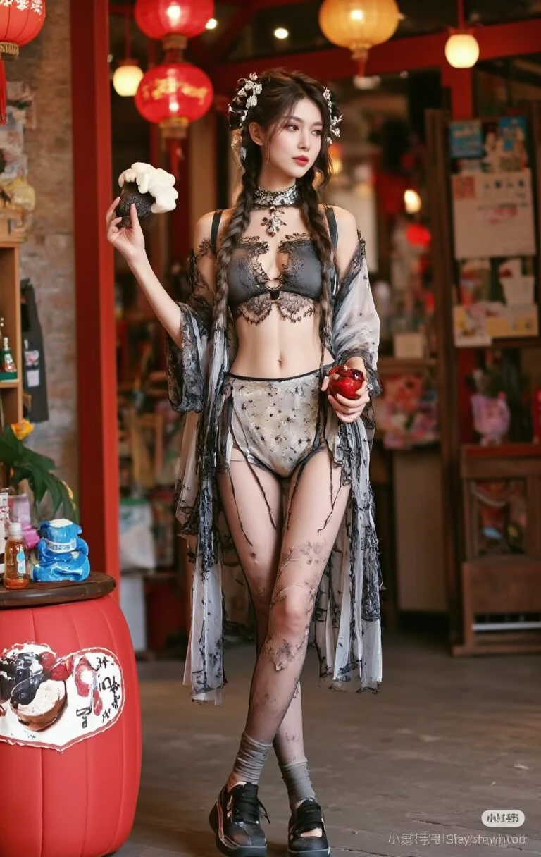 ((masterpiece, Highest quality, Best image quality, High resolution, Realistic, RAW Photos, 8k))、((1 female、alone:1.5))、((Beautiful Face、detailed beautiful eyes、Beautiful eyebrows:1.5))、((Long black hair、Hair on one eye:1.8)),、Slender women、(((The body is slim、Tight waist、big 、big Breasts:1.5)))、(((Black kimono、Hairpin、Japanese pattern micro bikini、Hand、Red Japanese pattern obi、Black lace stockings:1.5)))、((Sharp eyes:1.5))、((Holding a sword in his hand:1.5))、(((hip level shot:1.5)))