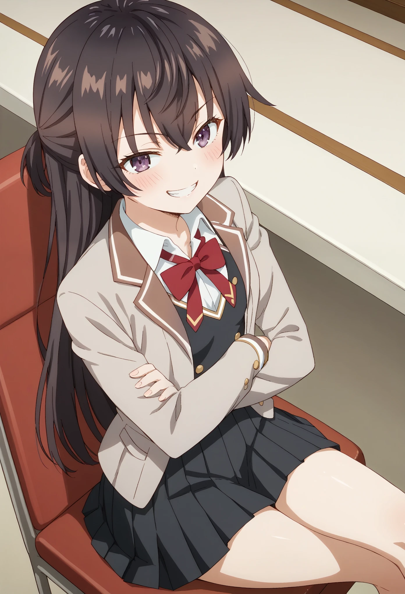 Score_9, Score_8_up, Score_7_up, ASCII masterpiece, source_anime, BREAK, 1girl, solo, yukisou, yukisou, long hair, bangs, brown hair, black hair, hair between the eyes, purple eyes, half up, small breasts, clavicle, from the front, school uniform, jacket, white shirt, collared shirt, black vest, bow tie, red bow, jacket, red bow tie, black skirt, pleated skirt,slim body, slim waist, thighs, smile, (grinning, grin), teeth visible, blush, indoors, (Beautiful, small breasts: 1.2), natural breasts, focus face, crossed arm, crossed legs, sit in chair, looking viewers, upper body, from above 