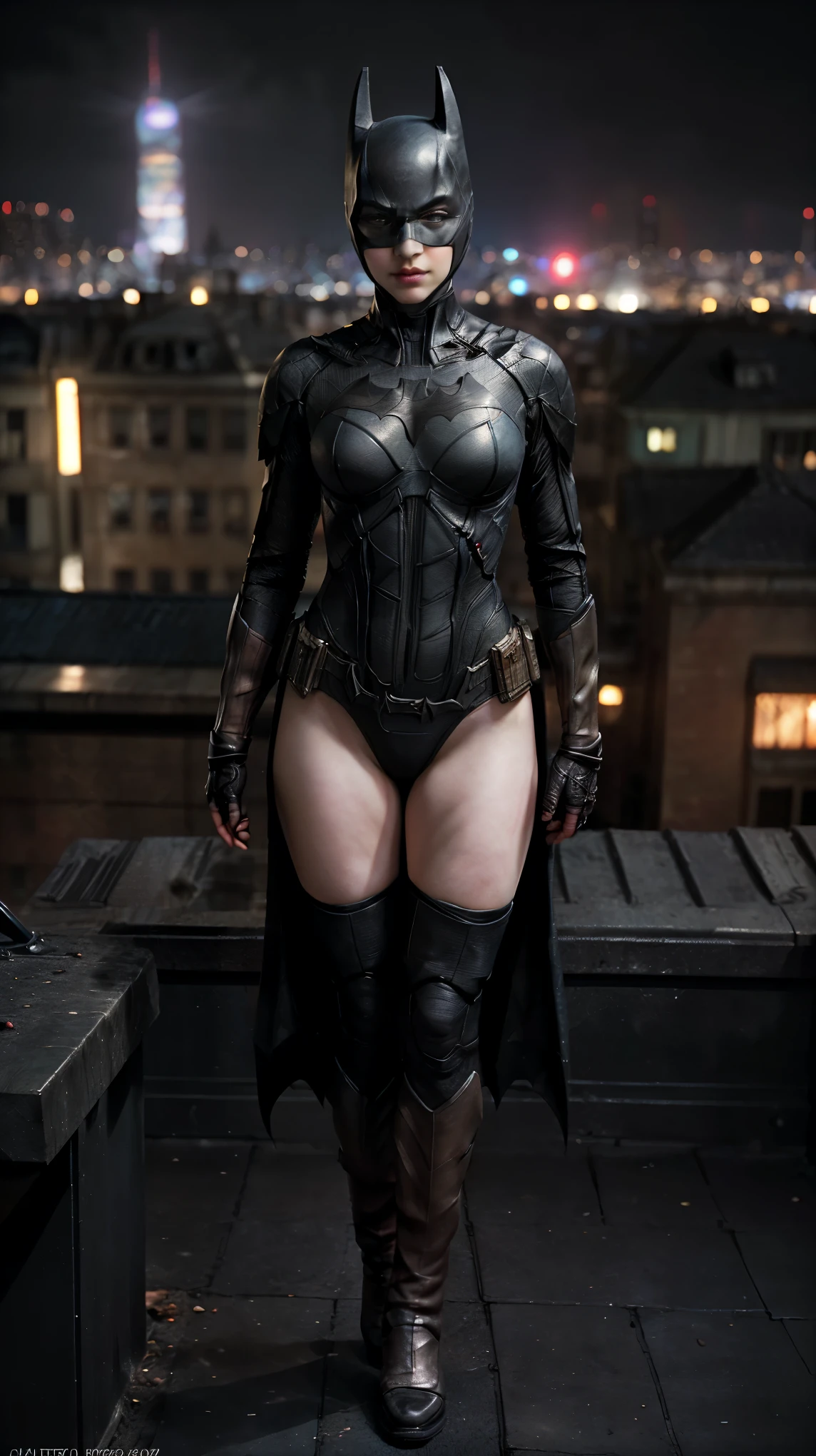((masterpiece, Highest quality, High resolution, Realistic, to be born, 16k wallpaper)),a 20s very beautiful face batwoman, (A shot with the body facing the lens:1.5),Turn the front of your body toward the lens,Glamorous body goddess, Very hot and sexy,((standing pose)),A threatening posture and a sharp gaze,Great beauty, perfect balance,(A beautifully balanced body: 1.4),((batman standing on a rooftop overlooking a foggy night city skyline:1.0)), Gotham city background, nighttime in Gotham city, Gotham city, From the movie Batman, Gotham city style, Batman film still, metropolis filmic Gotham city, Cyberpunk Batman, Batman movie stills, Batman movie still cinematic, Gotham setting, batman, Gotham,