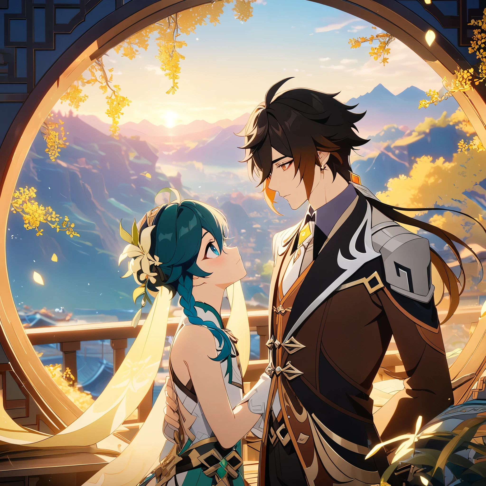 (best quality,4k,8k,highres,masterpiece:1.2),2boys,couple,zhongli_/(genshin_impact/) embracing venti_/(genshin_impact),male focus,intricately detailed,by carnelian, cel shading, fantasy china background, liyue, mountains,osmanthus flowers,male focus,romantic pair,volumetric lighting, sunset, golden illumination, wise and kind god,cinematic lighting, ray tracing, UHD, high details, high quality, award winning, super detail,vivid fantasy painting,hd color,size_difference,flat chest 