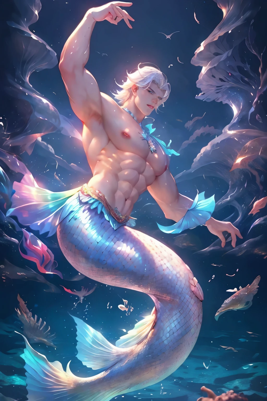 1 male mermaid, (male mermaid model) hot skin, masterpiece, top quality, most handsome merman in the world, by Tham Quan, perfect body, beautiful male model, attractive male lead 20- 25 perfect age, white hair, summer, sea water, blue sky, white clouds, solid and handsome young merman, UHD, 8k, Men's screen only .8k Ultra HD, DSLR, low light, high quality, film grain, Fujifilm XT3, men's fin