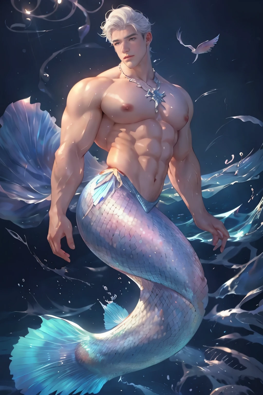 1 male mermaid, (male mermaid model) hot skin, masterpiece, top quality, most handsome merman in the world, by Tham Quan, perfect body, beautiful male model, attractive male lead 20- 25 perfect age, white hair, summer, sea water, blue sky, white clouds, solid and handsome young merman, UHD, 8k, Men's screen only .8k Ultra HD, DSLR, low light, high quality, film grain, Fujifilm XT3, men's fin