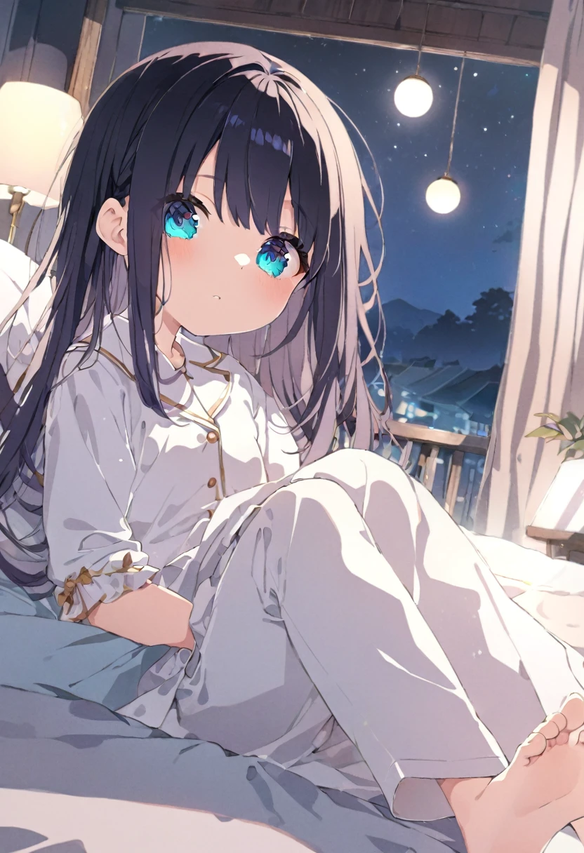 ((Best Quality)), ((masterpiece)), (detailed), an younger angel girl, Elementary school student, wearing a white pajamas, The chest of the pajamas is open,  with white and transparent wings growing from her back, and a shining gold ring of angels on her head, a dynamic angle, sleeping in bed,  resting her head on the pillow, Make it an angle that looks up from the side of the foot, She has beautiful detailed hair and eyes, The background is bedroom, at night, Kyoto Animation style illustration, watercolor style