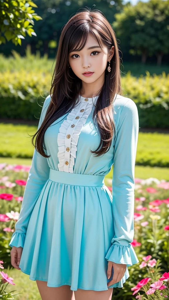 masterpiece, Ultra-high resolution, 4K, Best Quality, 1 person, whole body, Beautiful and exquisite face, Beautiful, smooth skin, Skin Texture, , high school student, mic pose, Flower Field, Lots of cosmos, (Green long-sleeved dress with long skirt and frills), Shiny Hair, Curly Hair, Long Hair, Standing pose,