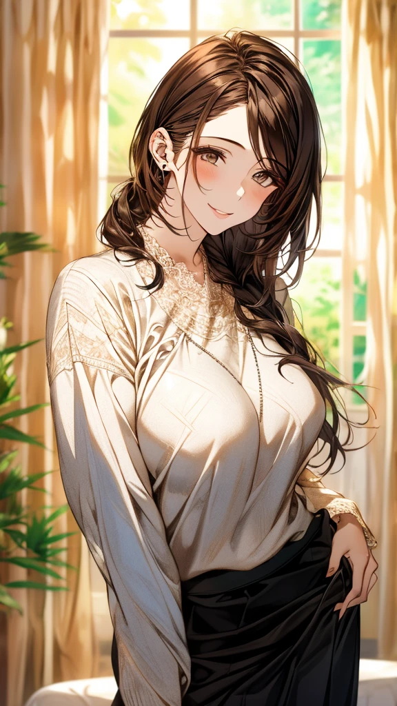 Best Quality,High image quality,Masterpiece,1girl,Adult women, Dark brown hair,Long Hair,highlight hair,side braid,(Droopy eyes:1.5),8 heads,Big Breasts,Black knit sweater,(Brown lace maxi long skirt),Beautiful lace,standing,Elegant appearance,smile,autumn leaves,Tree-lined street,Detailed cloth texture,Photographed from the front,Soft Light