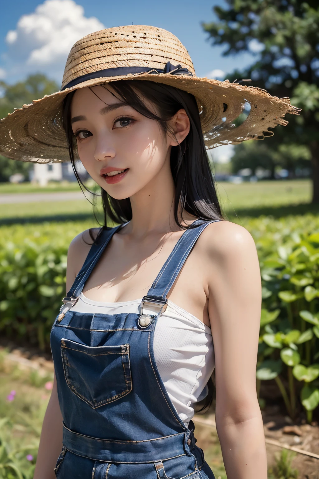 Cowboy Shot、((Farmer))、Doing farm work、((Tractor))、(((There is a hoe and a spade)))、Muddy、Sweating、農場でbeautiful女性の肖像画:1.6 , (Straw hat) , ((Overalls on bare skin)), Rubber boots, Black Short Hair、((Brown Skin))、((Simple bra)),High resolution、High resolution、In 8K、Real Live Action、RAWphotographgraphy、highest quality、masterpiece、Tabletop、erotic,(Sunburned skin),knees, Absurd,Small face、Big Breasts,masterpiece,highest quality、超A High resolution,RAWphotograph,only,beautiful,one person, one personで,whole body、very nice、Japanese women,Are standing,(Realistic:1.4)、Photon Mapping、Realistic、cute、 Adult female、物理ベースonlyダリング、prospect、Written boundary depth、Blurred Background、photograph,girl、body,beautiful足, Long legs,Thin legs、 lips, Nose Soft, kneesが見える、Sparkling eyes、光沢のあるlips、Too bright natural light、Bright Sun、Too bright sunlight