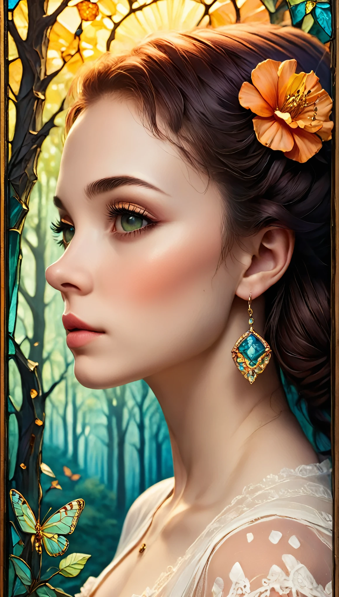 "Girl with a Pearl Earring", fantasy realism, double exposure, two parts in one art, full copy, masterpiece reproduction, pale skin, yellow and blue and orange and white color palette, complex colors, Craola, Dan Mumford, Andy Kehoe, patchwork, stained glass, night, forest, fireflies, detailed sky, cotton clouds, 2d, flat, cute, adorable, vintage, art on a cracked paper, . storybook detailed illustration, cinematic, ultra highly detailed, tiny details, beautiful details, mystical, luminism, vibrant colors