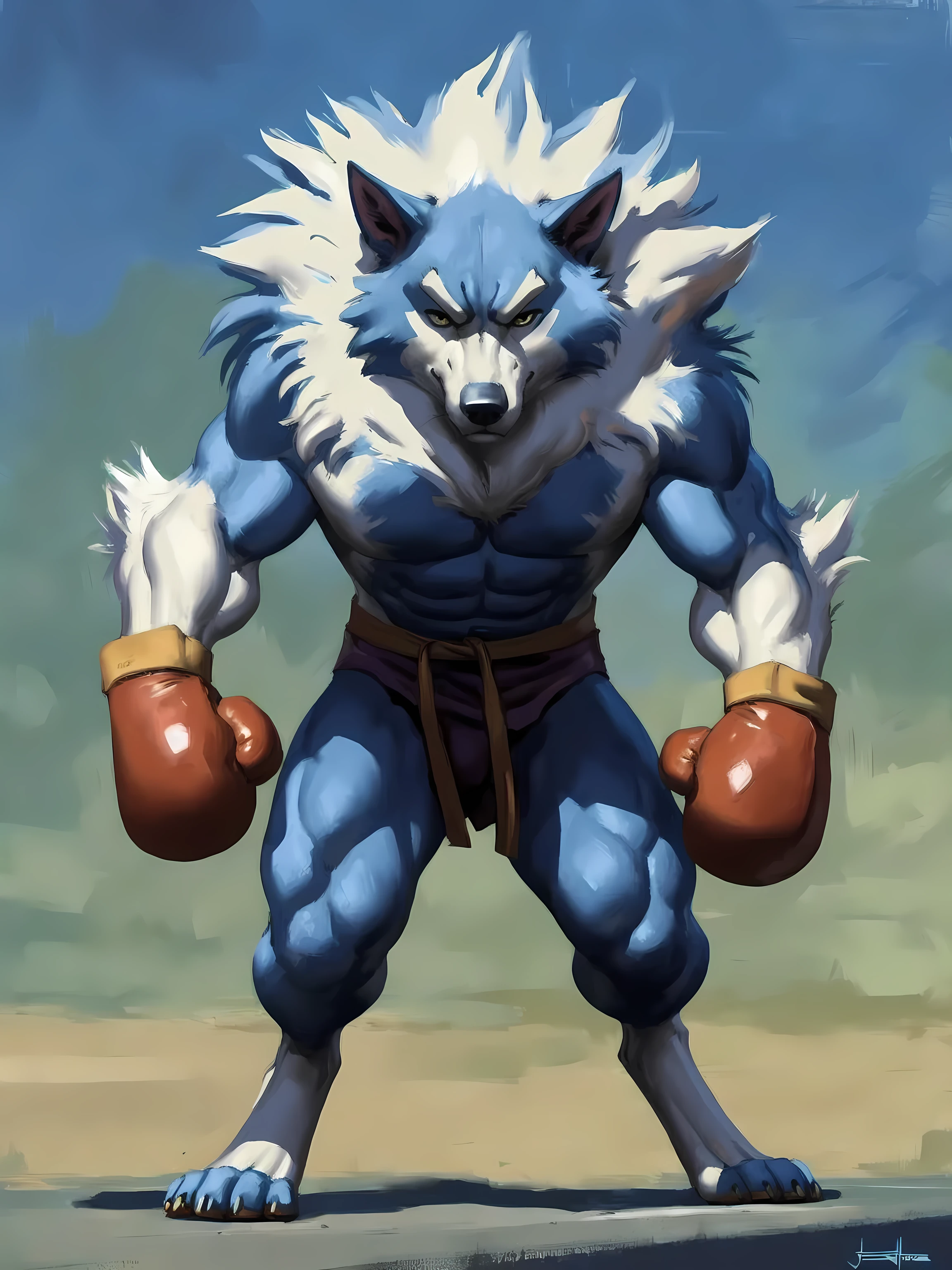 gallon, werewolf, mane, very muscular:1.2, muscular arms, heavyweight, abs, sixpack, high quality, best resolution, stern face, looking at viewer, (half body, upper body):1.1, strong chest, big pectorals, by zaush, by meesh, by juiceps, by taran fiddler, simple background:1.2, yellow eyes, detailed eyes, (wearing boxing gloves, detailed boxing gloves):1.1, watercolors, painterly style, full body, wolf feet