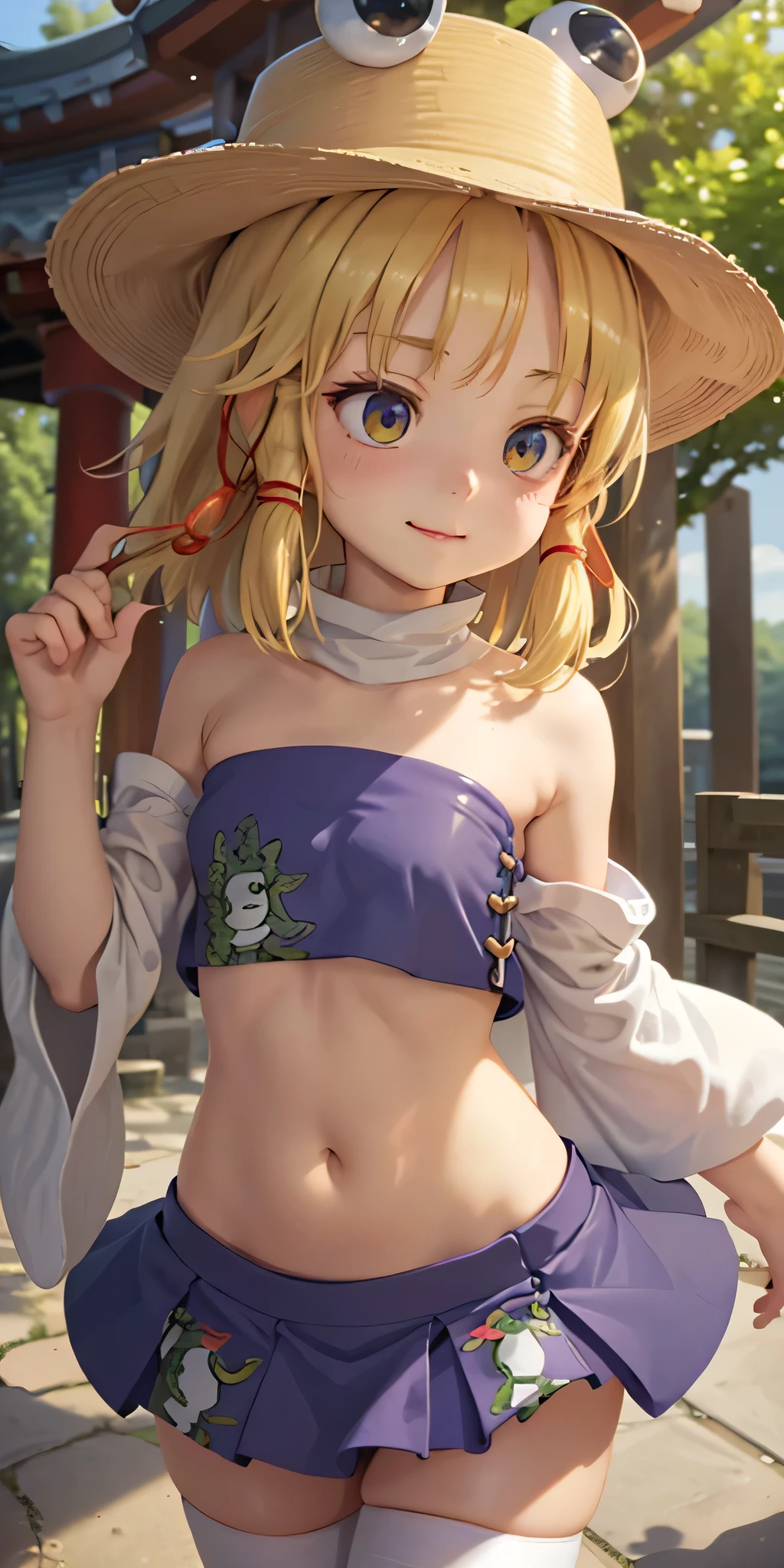 masterpiece, best quality, solo, 1girl, close up, standing, smug, moriya suwako, frog print, tube top, cleavage, underboob, purple micro tube top, strapless, navel, midriff, groin, small breasts, yellow eyes, horizontal pupil, petite, low skirt, miniskirt, bare shoulders, armpits, detached sleeves, short sleeves, white thighhighs, wooden sandal, shrine temple, outdoors, beautiful background,