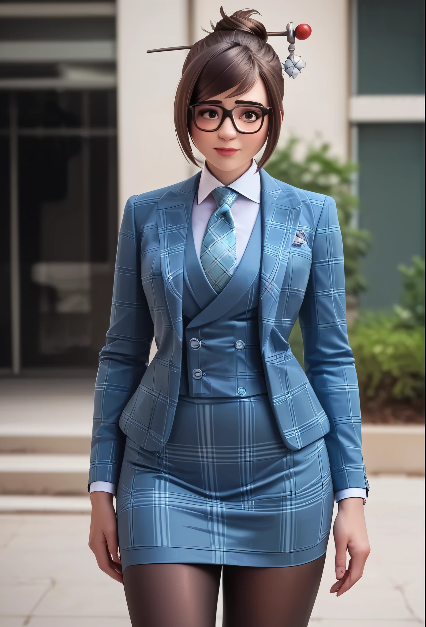 score_9, score_8_up, score_7_up, score_6_up, score_5_up, score_4_up, 3d, owmei, black-framed eyewear, hair bun, smile, shy, hair stick, blush, sheepish, 
three-piece suit, ((waistcoat)), blue plaid skirt suit, dress shirt, metallic brown necktie, blazer, blue plaid suit jacket, bodycon pencil skirt, (shirt with white collar), white shirt collar, contrast collar, suit trim, makeup, lipstick, black pantyhose, standing, looking away, avoiding eye contact