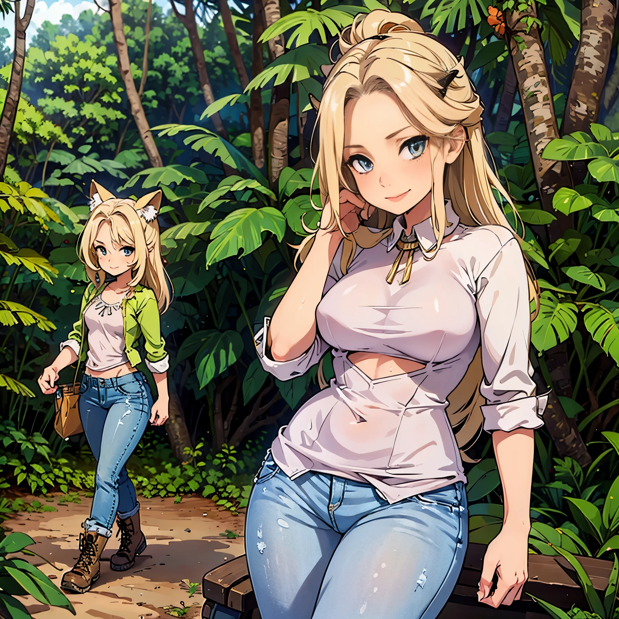  ((Best quality)), ((masterpiece)), ((realistic)), ((Girl walking in jungle)), looking tired, wearing Loose-fitting clothing Long-sleeved shirts and pants, Headgear, Sunglasses, very beautiful, in a natural and casual style on eye level, scenic, elevated view, sweat patches, damp clothing, sweaty and humid, (highres), original, extremely detailed 8K , (photorealistic:1.4),flawless face, perfect eyes,symmetrica body shape,smile, liz.ashley