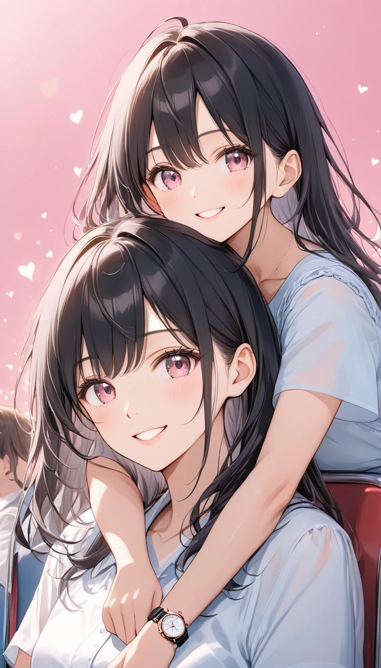 Anime Style,Woman doing shoulder ride,Mother and daughter,Two lookalikes,Black Hair,Medium Long Hair,Pink Eyes,Two smiling people,My daughter is pointing, hearts flying,Pink background,Very heartwarming,Best Scene Masterpiece,Best Quality,Exquisite,8k,Absurd,Ultra-detailed illustrations,(Watch the audience)