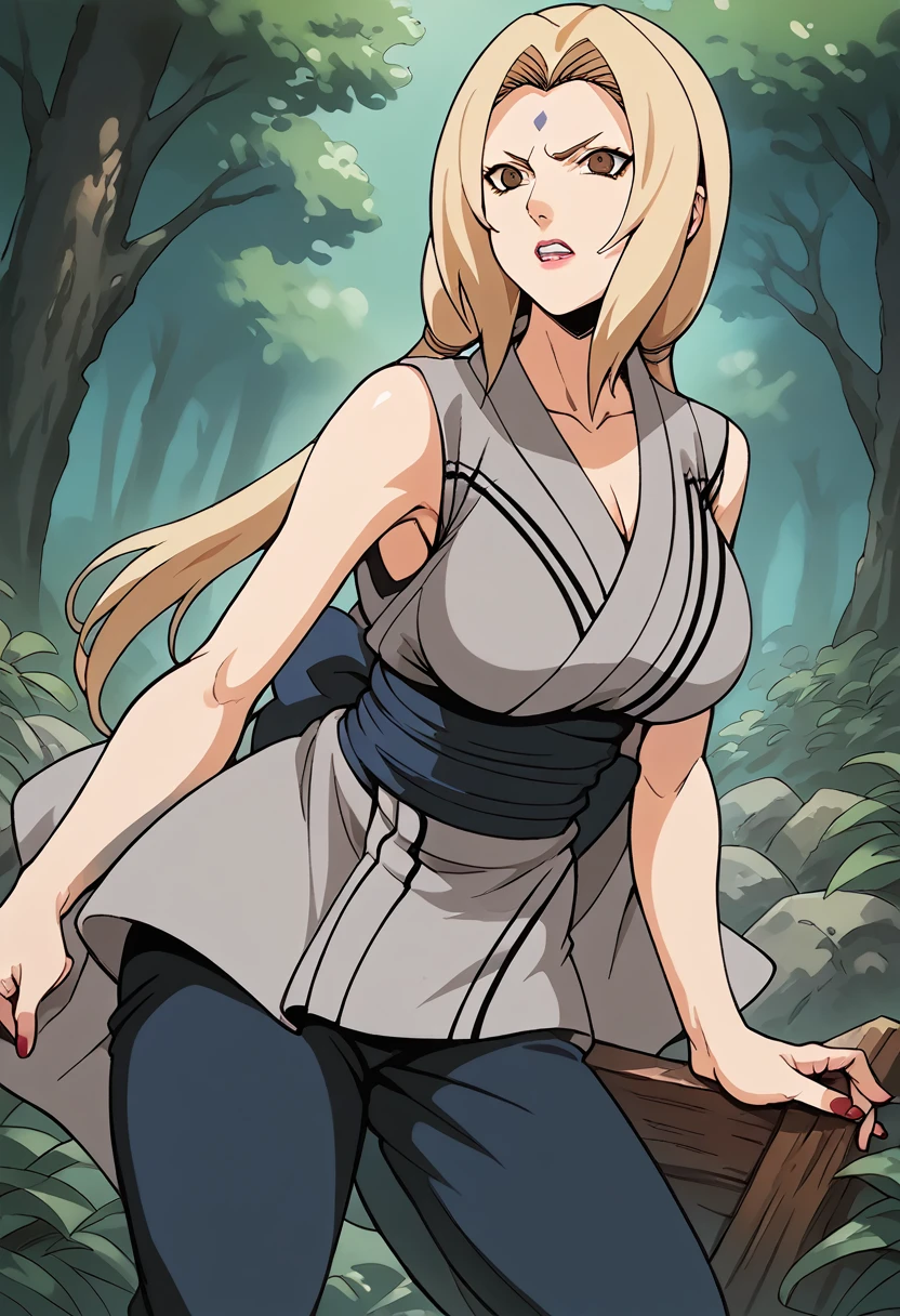 Score_9, Score_8_up, Score_7_up, break, Score_9, Choppio Tsunade, Blonde Hair, Long Hair, Low twin tails, Hair ties, Brown eyes, Forehead mark pink lipstick, mature female big breasts red nails, Costume_2, Grey kimono, Sleeveless kimono, collarbone blue belt, Blue trousers, Alone, One girl, Shot of a cowboy looking at the viewer, teeth, From behind, forest