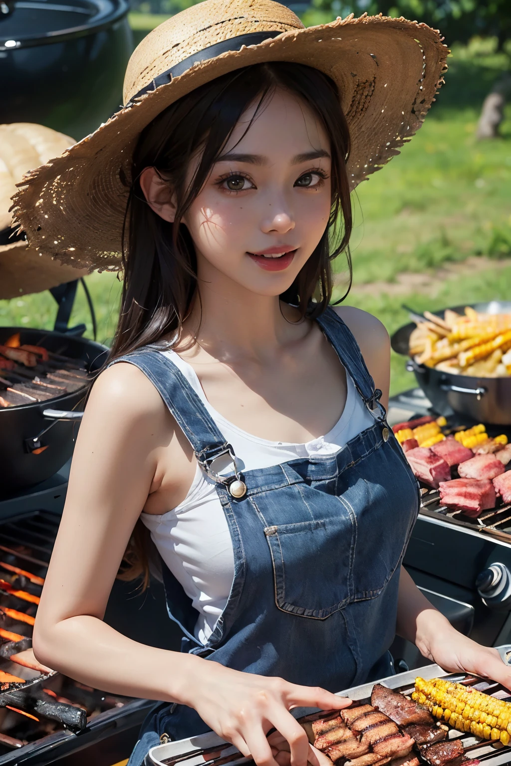 (8K, RAW Photos, Highest Quality, masutepiece: 1.7), (Realistic, Photorealistic: 1.9), NSFW, Black hair, (Blushing), Sweaty face, Full body, campsite, ((naked overalls)), ((Small breasts)), Cooking, smile