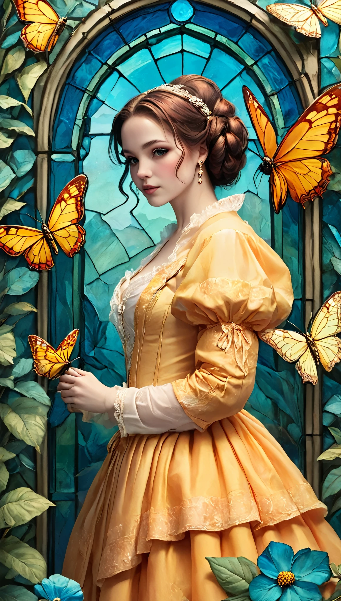 "Girl with a Pearl Earring", fantasy realism, double exposure, two parts in one art, full copy, masterpiece reproduction, pale skin, yellow and blue and orange and white color palette, complex colors, Craola, Dan Mumford, Andy Kehoe, patchwork, stained glass, night, forest, fireflies, detailed sky, cotton clouds, 2d, flat, cute, adorable, vintage, art on a cracked paper, . storybook detailed illustration, cinematic, ultra highly detailed, tiny details, beautiful details, mystical, luminism, vibrant colors