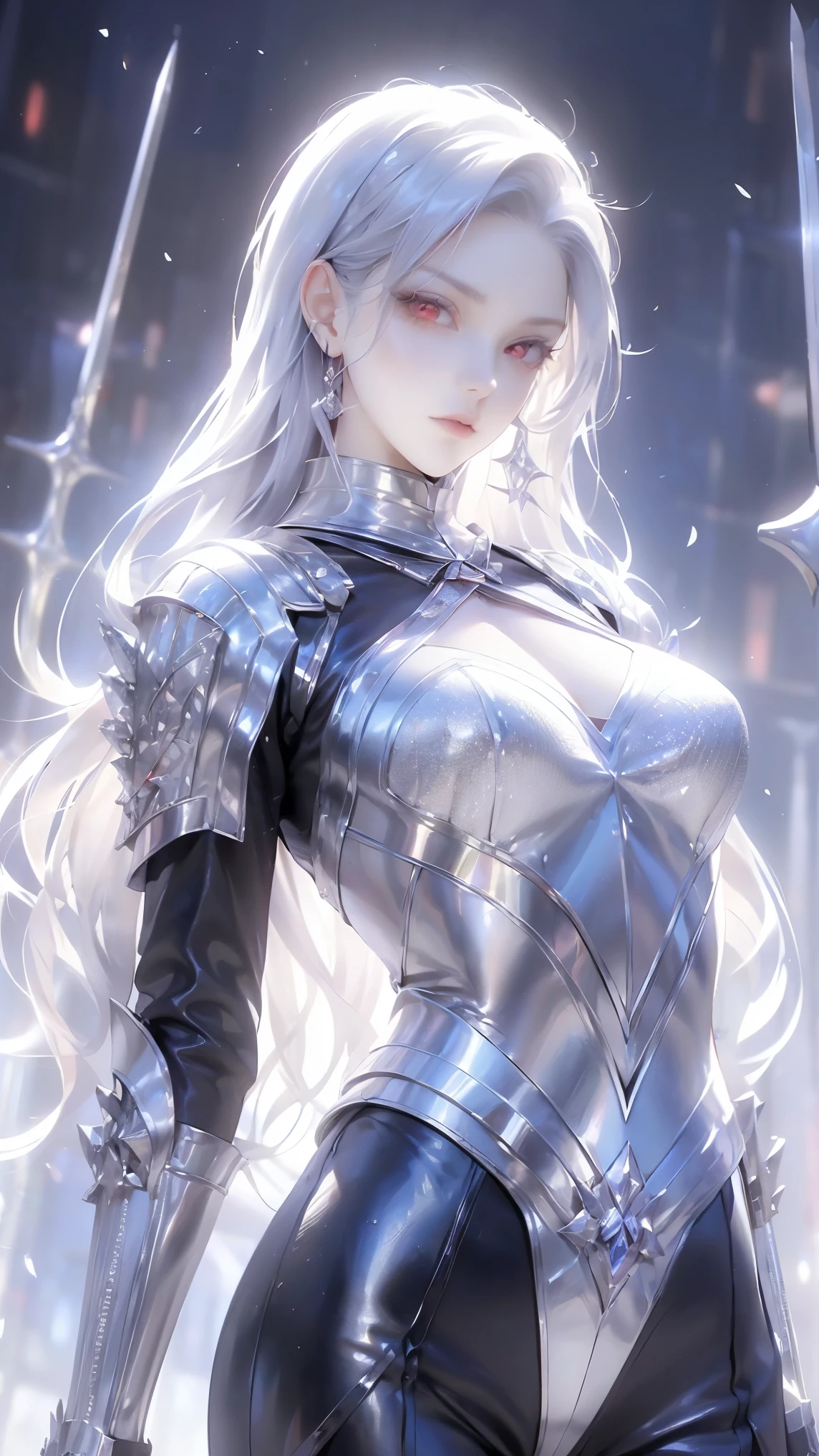 ((best quality)), ((masterpiece)), (detailed), perfect face, Albino warrior, ((long white hair, white skin, red eyes)), black magic sword, (Great sword engraved with red runes), crazy eyes, haggard cheeks, fantasy novel, 2 lady, ((Silver armor, gloves, and a shield with a pattern engraved on it))