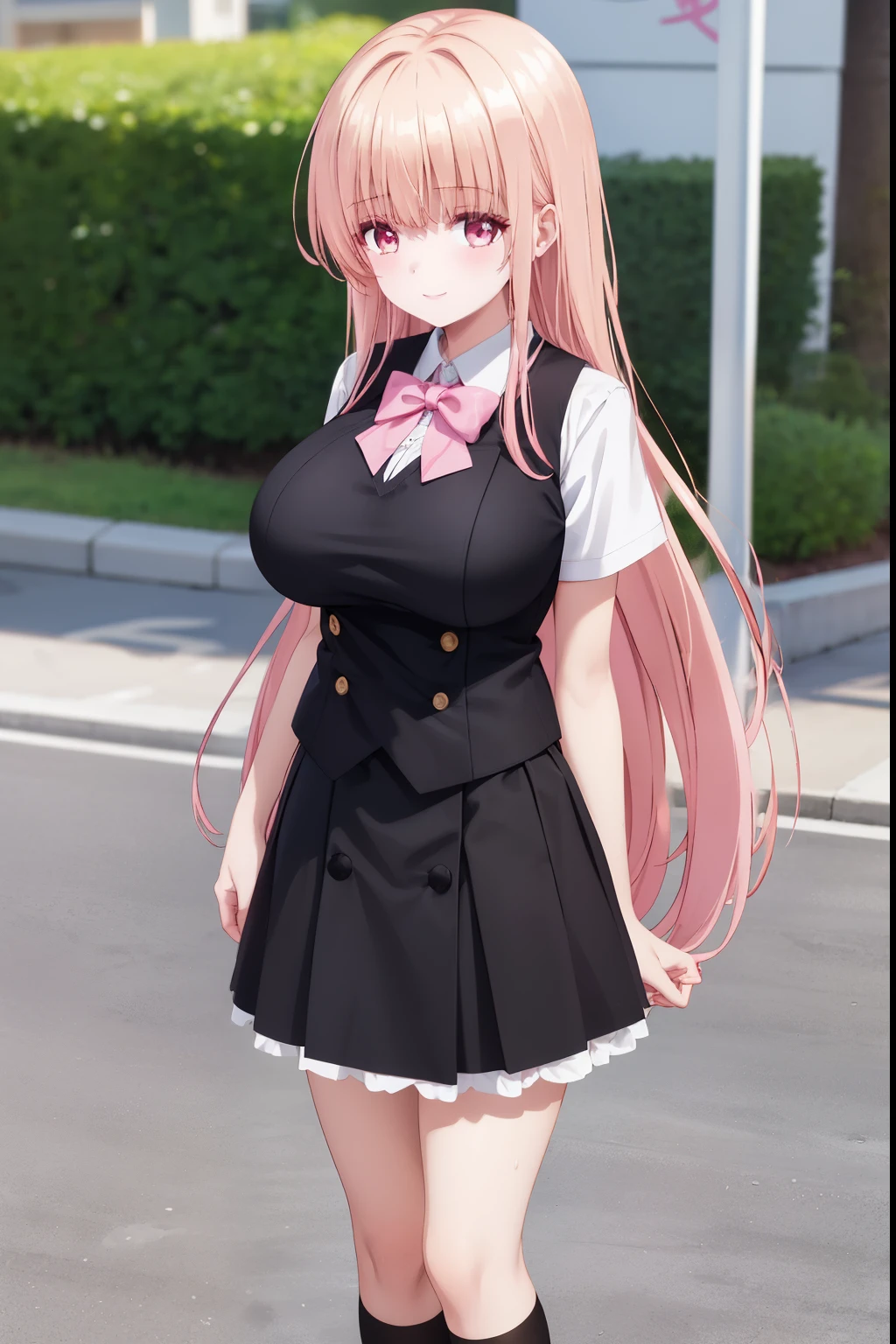 front view detailed body, long belly , Slender body, tight body , thicc, large breast, breast, long thighs, masterpiece, long hair, very long hair, ninonakano, nino nakano, long hair, bangs, blue eyes, hair ornament, hair ribbon, pink hair, blunt bangs, two side up, butterfly hair ornament,hair_between_eyes, very_long_hair, cowboy shot, front shot, looking at viewer, gyaru, 1girl, breasts, jewelry, cleavage, solo, skirt, long_hair, bag, yellow_skirt, large_breasts, shirt, bracelet, necklace, smile, outdoors, white_shirt, looking_at_viewer, earrings, purple_eyes, hand_on_hip, collared_shirt, bangs, thighs, closed_mouth, road, nail_polish, socks, collarbone, blush, street, shirt_tucked_in, standing, black_socks, kneehighs, long_sleeves, Beautiful Finger,Beautiful long legs,Beautiful body,Beautiful Nose,Beautiful character design, perfect eyes, perfect face,expressive eyes, looking at viewer,(Full_body),(Focus on her face), official art,extremely detailed CG unity 8k wallpaper, perfect lighting,Colorful, Bright_Front_face_Lighting,shiny skin, (masterpiece:1.0),(best_quality:1.0), ultra high res,4K,ultra-detailed, photography, 8K, HDR, highres, absurdres:1.2, Kodak portra 400, film grain, blurry background, bokeh:1.2, lens flare, (vibrant_color:1.2) (Beautiful,large_Breasts:1.4), (beautiful_face:1.5),(narrow_waist), facing the viewer