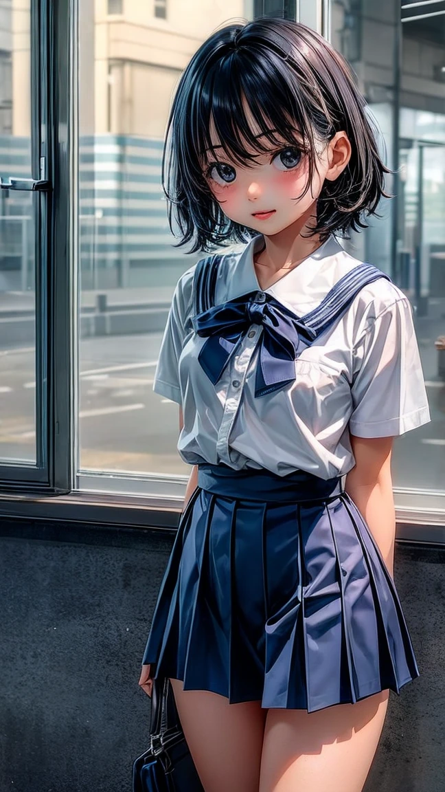 High resolution, Highest quality,  super high quality, Very detailed, 8K、(underwear:1.2)、、Embarrassing、Sweaty、Sweat、Embarrassing、(masterpiece:1.2, Highest quality), (Realistic, photoRealistic:1.4), Beautiful illustrations, (Natural Side Lighting, Cinema Lighting), View your audience, whole body, 1 Girl, Japanese, high school girl, Perfect Face, Cute and symmetrical face, Shiny skin, Baby Face, (short hair, Low Twintails,Black Hair), Hair between the eyes, black eye, Big eyes, Droopy eyes, (Center of chest, Captivating thighs, Big Ass)、