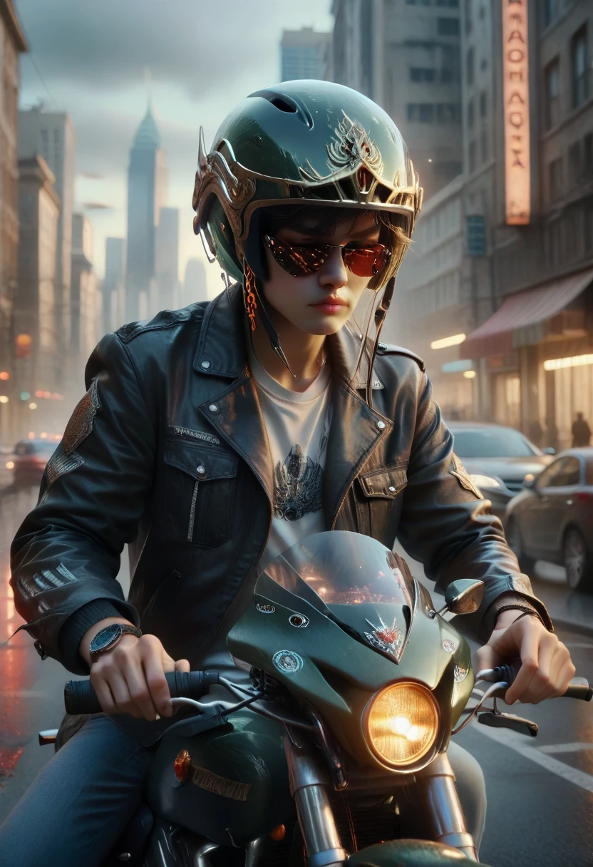 Highest image quality, outstanding details, ultra high resolution, (realism: 1.4), Best illustration, details of the favor, very compressed 1girl, with a gentle and beautiful face, Dressed in black and green fur, wear a fur helmet, holding the guide controller, motorcycle riding, background - high-tech light scene of the future city.