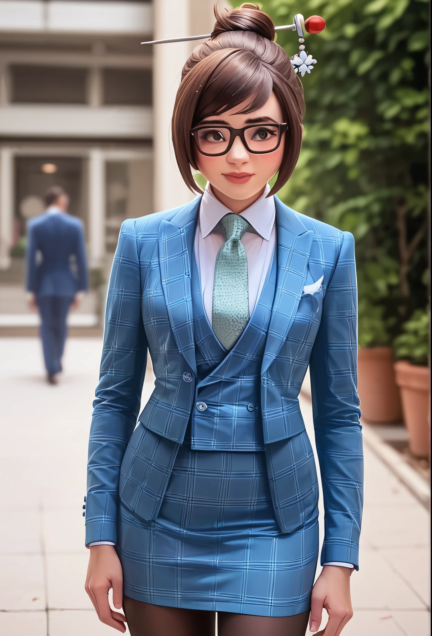 score_9, score_8_up, score_7_up, score_6_up, score_5_up, score_4_up, 3d, owmei, black-framed eyewear, hair bun, smile, shy, hair stick, blush, sheepish, 
three-piece suit, ((waistcoat)), blue plaid skirt suit, dress shirt, metallic brown necktie, blazer, blue plaid suit jacket, bodycon pencil skirt, (shirt with white collar), white shirt collar, contrast collar, suit trim, makeup, lipstick, black pantyhose, standing, looking away, avoiding eye contact