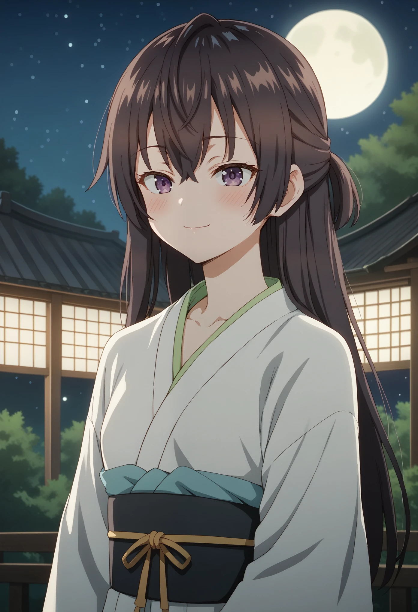 Score_9, Score_8_up, Score_7_up, ASCII masterpiece, source_anime, BREAK, 1girl, solo, yukisou, yukisou, long hair, bangs, brown hair, black hair, hair between the eyes, purple eyes, half up, small breasts, from the front, kimono, smile, blush, outdoors, background starry sky, at night, (in front of the moonlight), (big moon), (Beautiful, small breasts: 1.2), natural breasts, focus face,