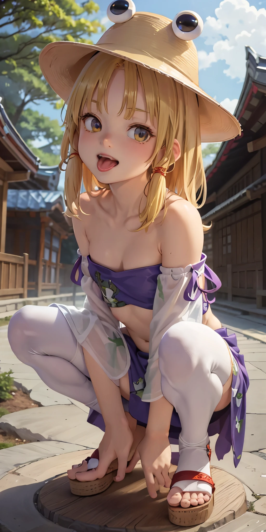 masterpiece, best quality, solo, 1girl, cowboy shot, squatting, looking at viewers, smug, shiny skin, moriya suwako, open mouth, tongue, tongue out, very long tongue, frog print, tube top, cleavage, underboob, purple micro tube top, strapless, navel, midriff, groin, small breasts, yellow eyes, horizontal pupil, petite, low skirt, miniskirt, bare shoulders, armpits, detached sleeves, short sleeves, white thighhighs, wooden sandal, shrine temple, outdoors, beautiful background, from front, 