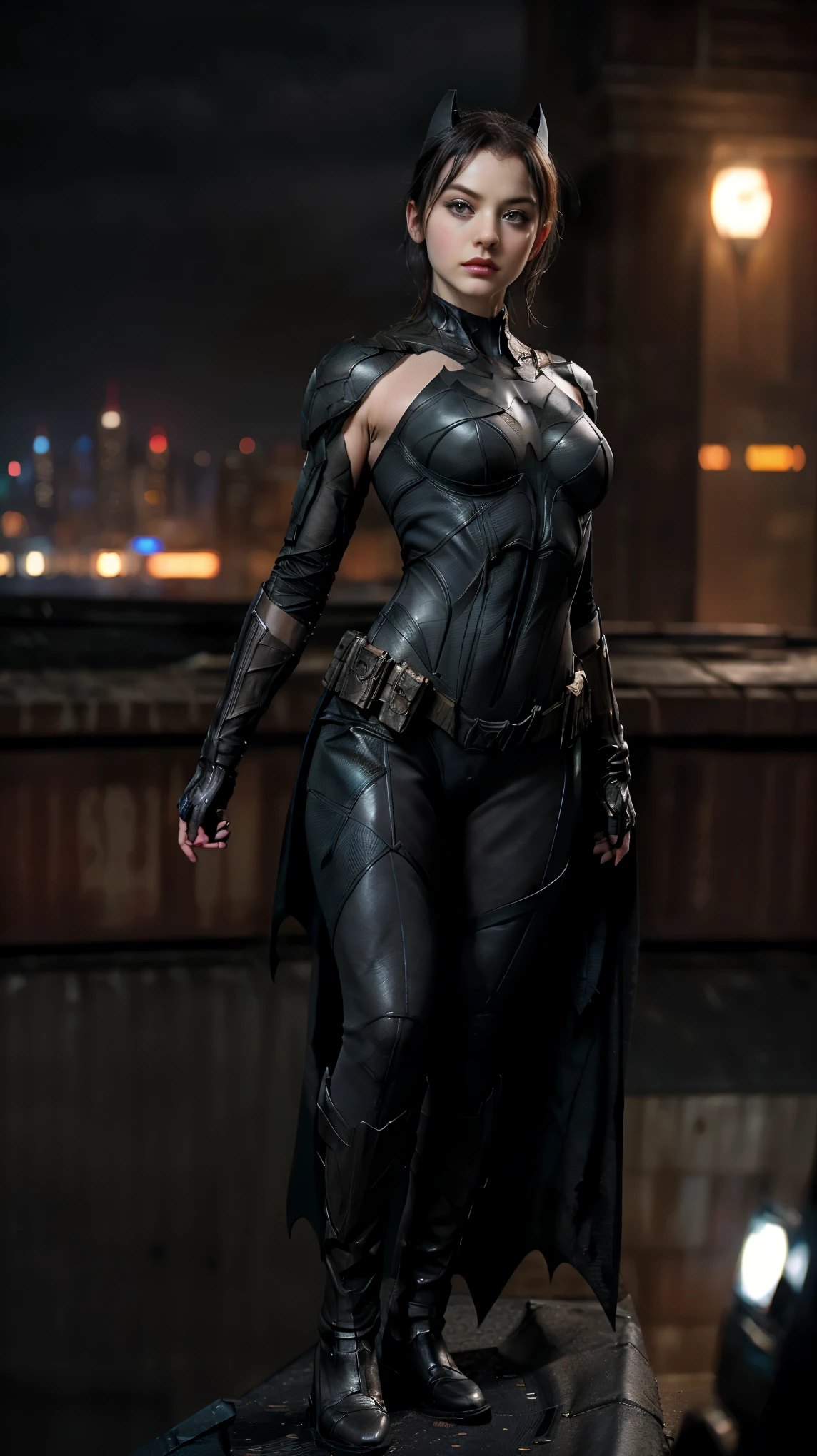 ((masterpiece, Highest quality, High resolution, Realistic, to be born, 16k wallpaper)),a 20s very beautiful face batwoman wearing batman mask, (A shot with the body facing the lens:1.5),Turn the front of your body toward the lens,Glamorous body goddess, Very hot and sexy,((standing pose)),A threatening posture and a sharp gaze,Great beauty, perfect balance,(A beautifully balanced body: 1.4),((batman standing on a rooftop overlooking a foggy night city skyline:1.0)), Gotham city background, nighttime in Gotham city, Gotham city, From the movie Batman, Gotham city style, Batman film still, metropolis filmic Gotham city, Cyberpunk Batman, Batman movie stills, Batman movie still cinematic, Gotham setting, batman, Gotham,