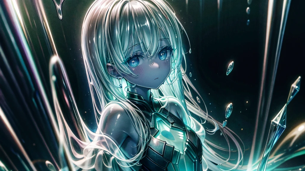 1 girl made of glass, masterpiece, high resolution, top quality, Textured skin, sprawled, about 20 years old, (((transparent body))), glass skin, Optical refraction, reflection, glitter, prism ray, An anime-style character with a fully transparent, glass-like body. The character's skin reflects light like smooth, clear glass, with subtle highlights and refractions. The body is hollow inside, with no internal organs visible, and the surrounding light passes through, casting delicate shadows and reflections, A girl with transparent skin whose body is made of glass. Her clothes are made of ordinary cloth, not transparent