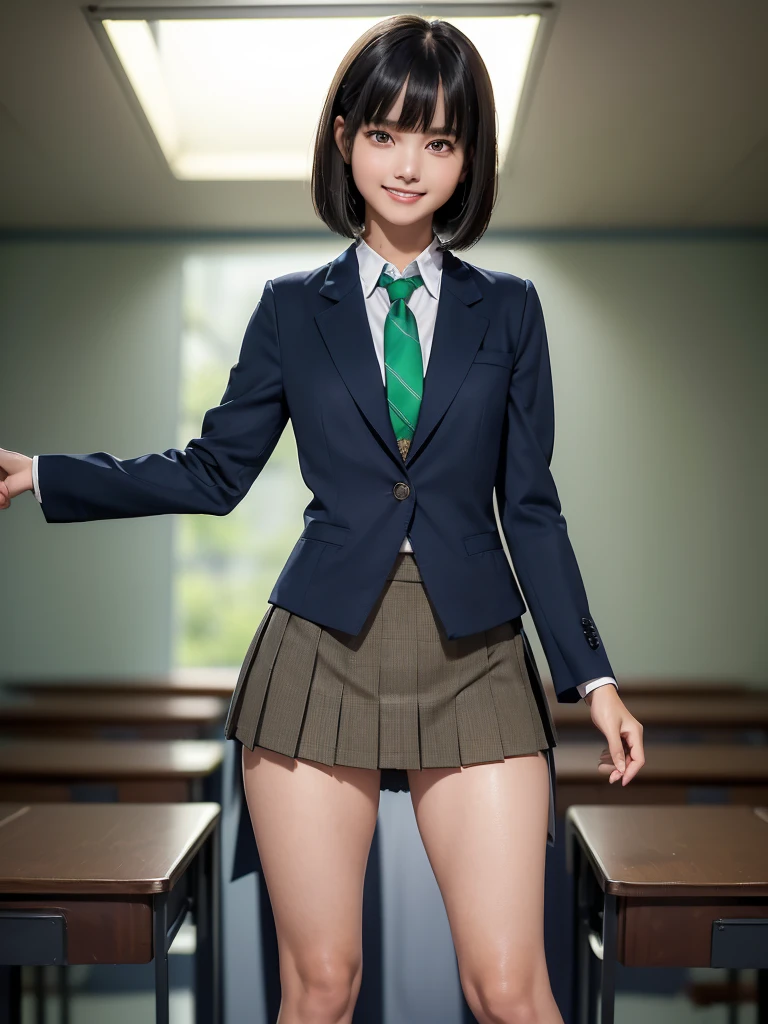 (8k, RAW Photos, Best Quality), Standing in a school classroom, (((((((One woman))))))), ((Black Hair)), ((Medium Bob Hair)), (Asymmetrical bangs), ((Detailed eyes)), ((A happy smile)), ((Long, slender legs)), ((Green tie)), (((Navy blue closed blazer))), (((Light brown checkered pleated micro mini skirt))), Thighs, knees, Random pose，pretty girl，Slender girl