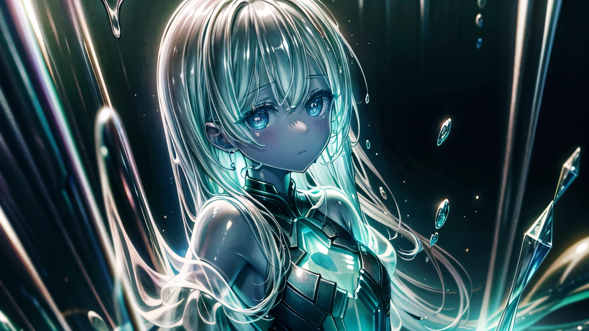 1 girl made of glass, masterpiece, high resolution, top quality, Textured skin, sprawled, about 20 years old, (((transparent body))), glass skin, Optical refraction, reflection, glitter, prism ray, An anime-style character with a fully transparent, glass-like body. The character's skin reflects light like smooth, clear glass, with subtle highlights and refractions. The body is hollow inside, with no internal organs visible, and the surrounding light passes through, casting delicate shadows and reflections, A girl with transparent skin whose body is made of glass. Her clothes are made of ordinary cloth, not transparent